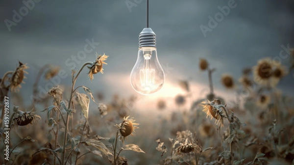 Fototapeta Glowing lightbulb illuminates field of sunflowers under moody sky, creating serene atmosphere. wilting sunflowers, symbolizing renewable energy urgency