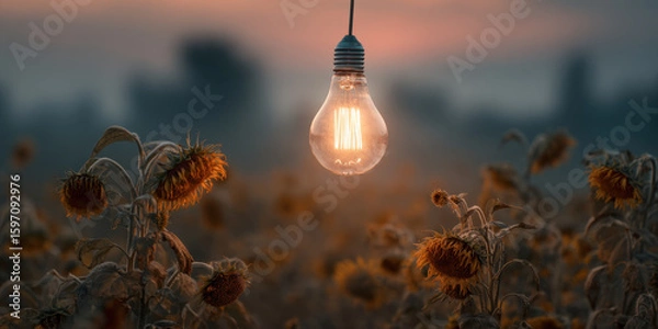 Fototapeta Glowing lightbulb illuminates field of sunflowers at dusk, creating magical atmosphere. wilting sunflowers, symbolizing renewable energy urgency