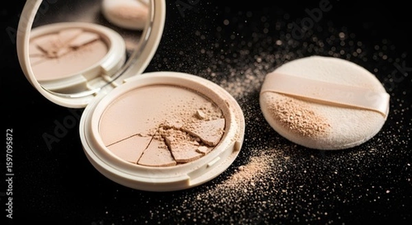 Fototapeta Close up of broken face powder compact with applicator on a black surface