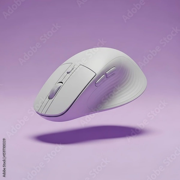 Fototapeta Floating White Computer Mouse on Purple Gradient Background, Modern Tech Design.