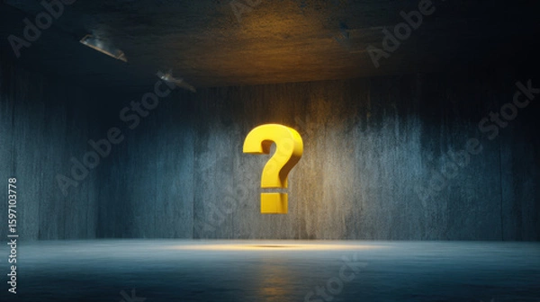 Fototapeta Glowing yellow question mark floating in dark abstract space evokes curiosity and intrigue