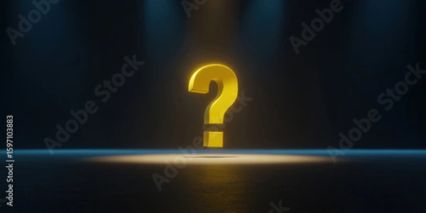 Fototapeta Glowing yellow question mark illuminated in dark space, evoking curiosity and mystery