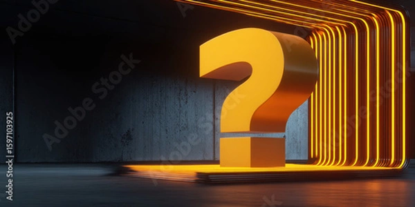Fototapeta Glowing yellow question mark illuminated in dark abstract space, evoking curiosity and intrigue