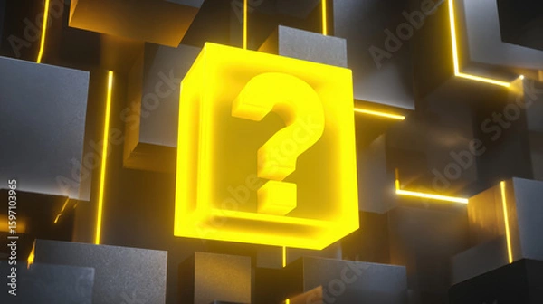 Fototapeta Glowing yellow question mark in dark abstract background creates sense of mystery and curiosity