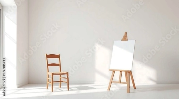 Fototapeta Blank white canvas on easel with chair near window in light filled room studio space
