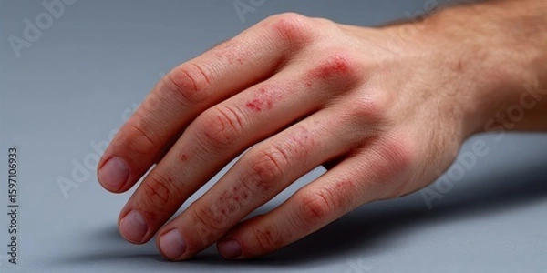 Fototapeta Close up of a man's hand showing a severe eczema or atopic dermatitis flare up on the knuckles.