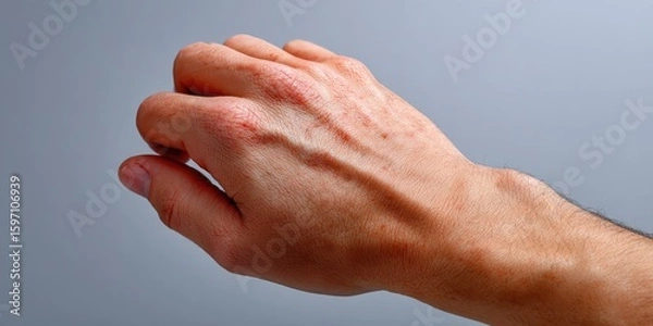 Fototapeta Dermatology Concept, Close up of a hand with severe eczema, showing red, dry, and inflamed skin from atopic dermatitis.