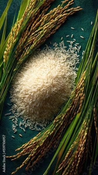 Fototapeta From Harvest to Table, Golden Rice Paddy Stalks and Raw White Grains on a Textured Teal Background.
