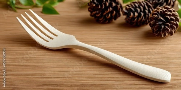 Fototapeta Sustainable Dining Concept with a Natural Wooden Fork on a Rustic Table with Pinecones