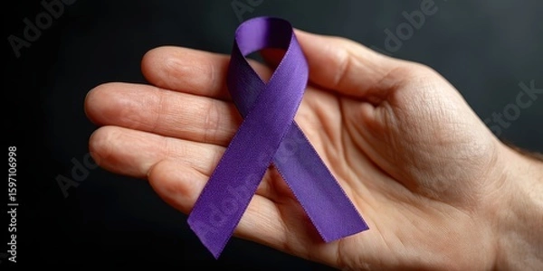 Fototapeta A Symbol of Solidarity and Hope, Close up of a Hand Holding a Purple Awareness Ribbon