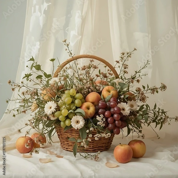 Fototapeta A warm and inviting fruit arrangement, adorned with delicate wildflowers in pastel hues, set against a soft, creamy background infused with the gentle warmth of daylight filtering through.