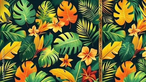 Fototapeta Jungle leaves and foliage are arranged as decorative side borders for the banner, featuring bright colors in shades of yellow, orange, and green with golden highlights.