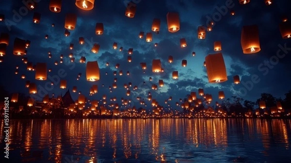 Fototapeta Sky lanterns float over a tranquil water