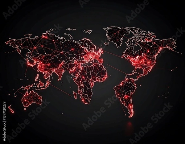 Fototapeta Digital map infected with malware spreading globally