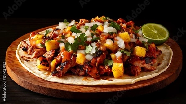 Obraz Vibrant Taco Al Pastor with Thinly Sliced Marinated Pork and Fresh Toppings
