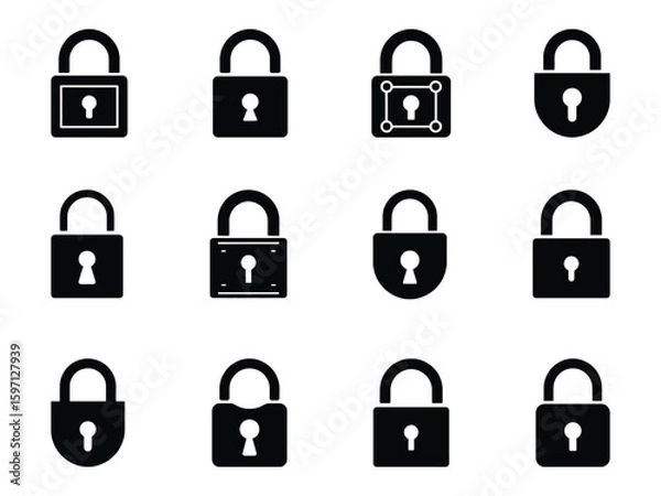 Obraz Collection of Black Padlock Icons on White Background Representing Security and Privacy in a Clean and Modern Design