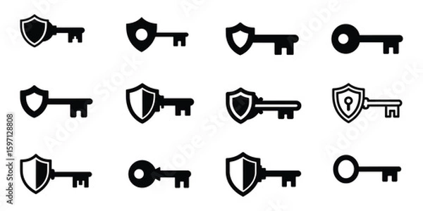 Obraz Security Key Icons Black and White Vector Illustration of Shielded Keys for Data Protection and Access Control