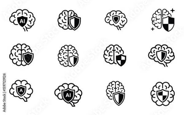 Obraz Seamless Pattern of Brain Icons with Shields Representing Data Protection and Artificial Intelligence Security Concepts