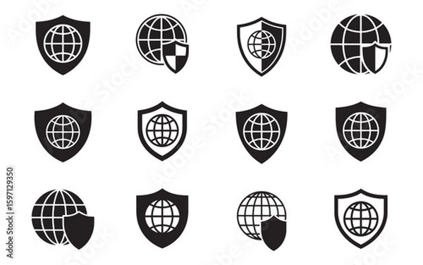 Obraz Seamless Pattern of Globe and Shield Icons Representing Global Security and Protection in a Minimalist Style