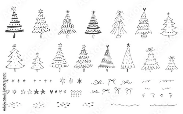 Obraz 手描きのクリスマスツリーと装飾用素材のセット。ペンで描いた落書きスタイルの線画イラスト。