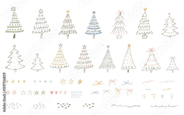 Obraz 手描きのクリスマスツリーと装飾用素材のセット。ペンで描いた落書きスタイルの線画イラスト。