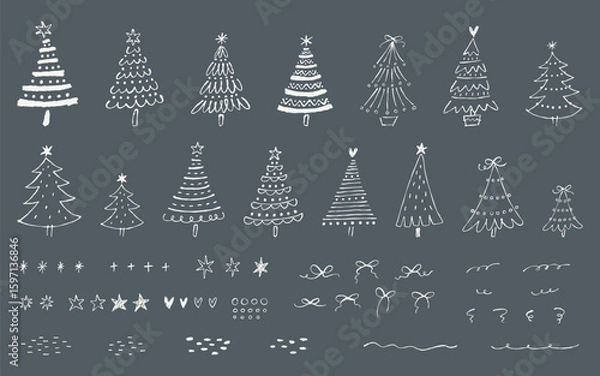 Obraz 手描きのクリスマスツリーと装飾用素材のセット。暗い背景に落書きスタイルの白の線画イラスト。