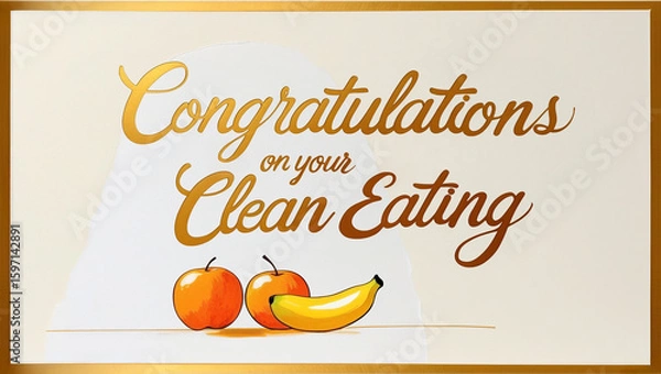 Fototapeta greeting card with a cream color background with golden border and pastel drawing apples, oranges and banana on the left, Congratulations on your clean eating" written in elegant, cursive script