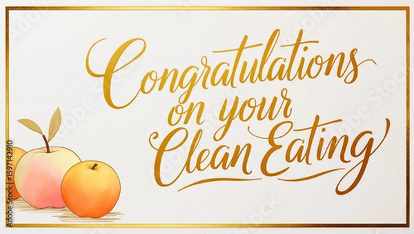Fototapeta greeting card with a cream color background with golden border and pastel drawing apples and oranges on the left, Congratulations on your clean eating" written in elegant, cursive script