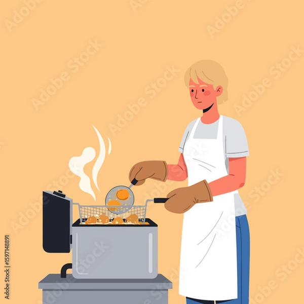 Fototapeta Woman Frying Food in Deep Fryer with Protective Gloves and Apron