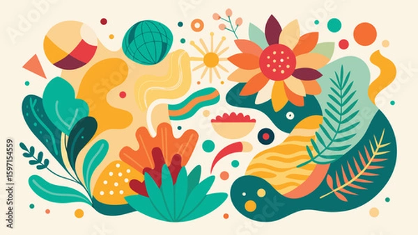 Fototapeta Vibrant Floral Composition: A colorful artistic display of plants, flowers, and abstract shapes, evoking a sense of joy and natural beauty.