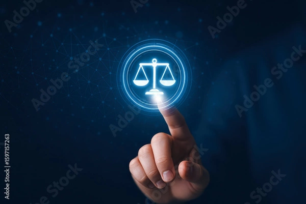 Fototapeta Concept of law and justice merges with technology as finger touches glowing cyber law scale symbol representing lawyer services and ai in law innovation