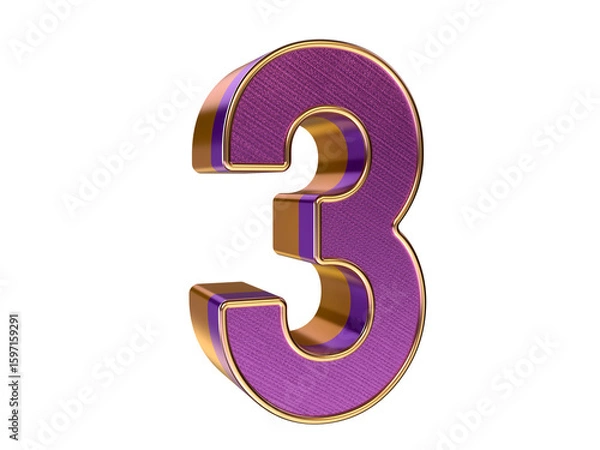Fototapeta 3D gold purple number 3 Isolated on transparent Background