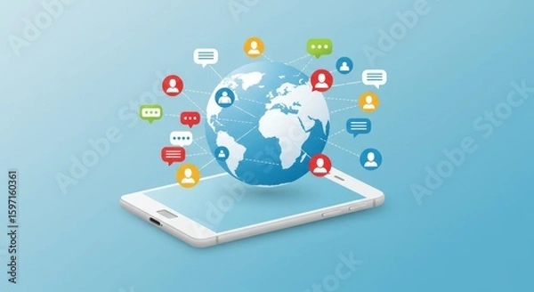 Fototapeta A smartphone displays a globe, connected to colorful user icons with speech bubbles, symbolizing global communication
