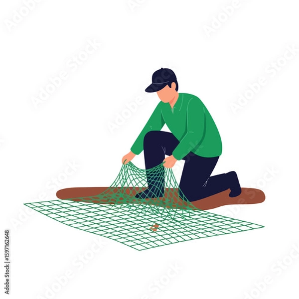 Fototapeta Person Tending to Fishing Net on Ground Preparing for Fishing