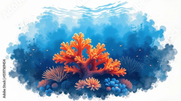 Fototapeta Vibrant coral reef underwater scene ocean digital art marine environment wide angle conservation awareness