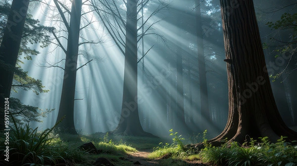 Fototapeta Sunlight streaming through ancient trees enchanted forest nature scene tranquil environment serene viewpoint natural beauty