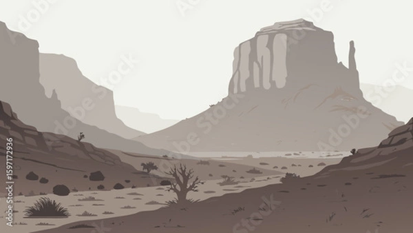 Fototapeta A sepia toned landscape featuring mesas and buttes under a hazy sky in a desert environment scene