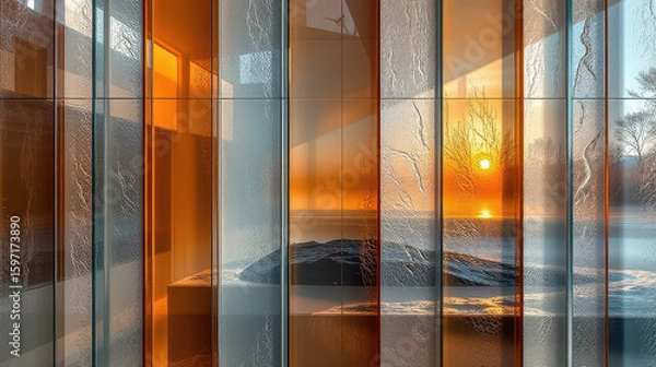 Fototapeta Sunset reflection modern architecture interior design coastal setting wide angle serenity and nature