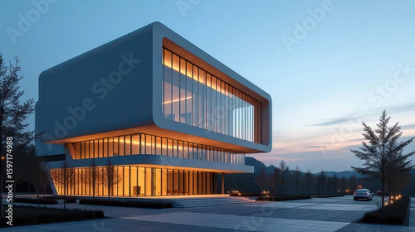 Fototapeta Captivating sunset illumination of a modern architectural marvel in an urban setting showcasing innovative design and aesthetic appeal