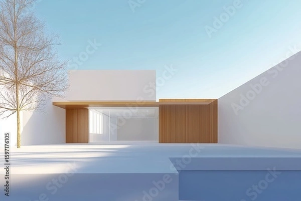 Fototapeta Modern minimalist building with wooden accents and a bare tree against a clear sky