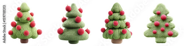 Fototapeta Collection of 3D-rendered icons knitted cartoon texture throughout green Christmas knitted tree with knitted red ornaments, isolated white or transparent background