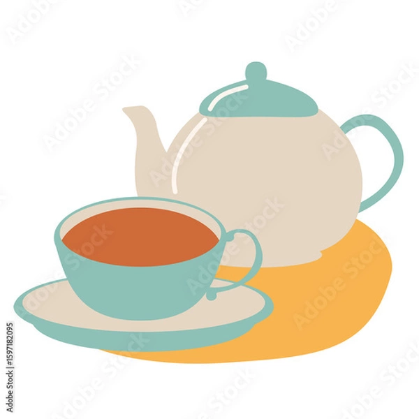 Obraz ベージュと水色のバイカラーのティーポットとカップに入った紅茶のイラスト