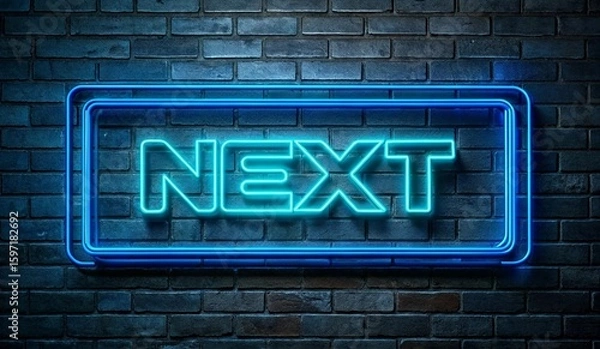 Obraz A glowing blue neon sign that reads NEXT, set against a textured dark brick wall background. The sign is illuminated with a bright, vibrant hue, emphasizing the word in bold, capital letters within a 