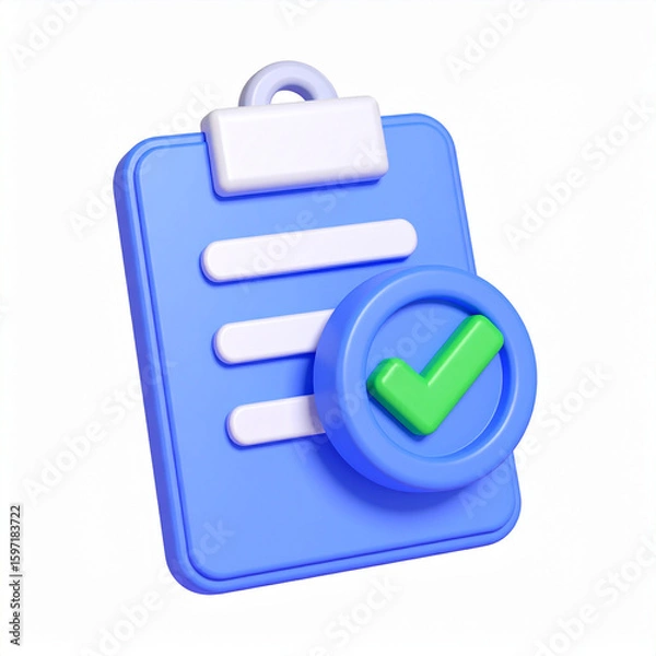 Fototapeta Blue clipboard with white paper and green checkmark in blue circle checklist task