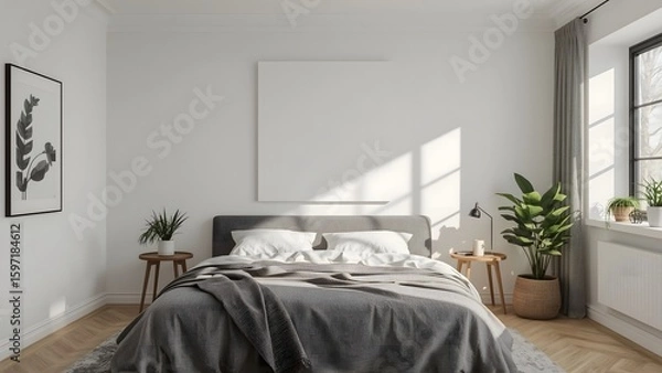 Obraz Modern Minimalist Bedroom Interior: Gray Bed, Blank Canvas, Natural Light, Plants, Cozy Vibe