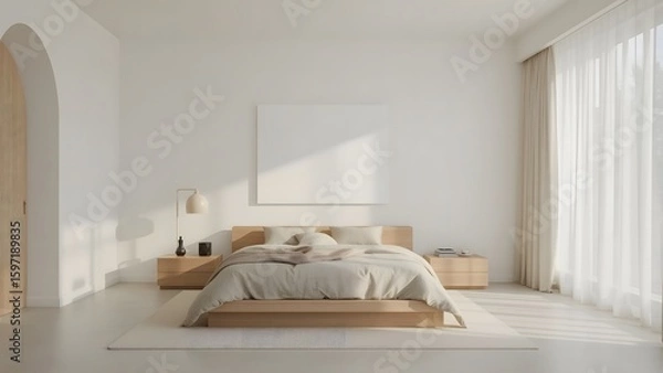 Fototapeta Serene Minimalist Bedroom Interior: Light Wood Platform Bed, Neutral Textiles, and Sunlit Ambiance.