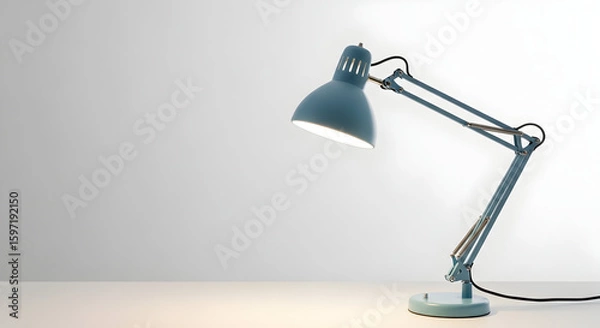 Obraz Modern adjustable desk lamp with a sleek blue finish illuminating a clean workspace ideal for study or office environment with minimalistic design and functional lighting