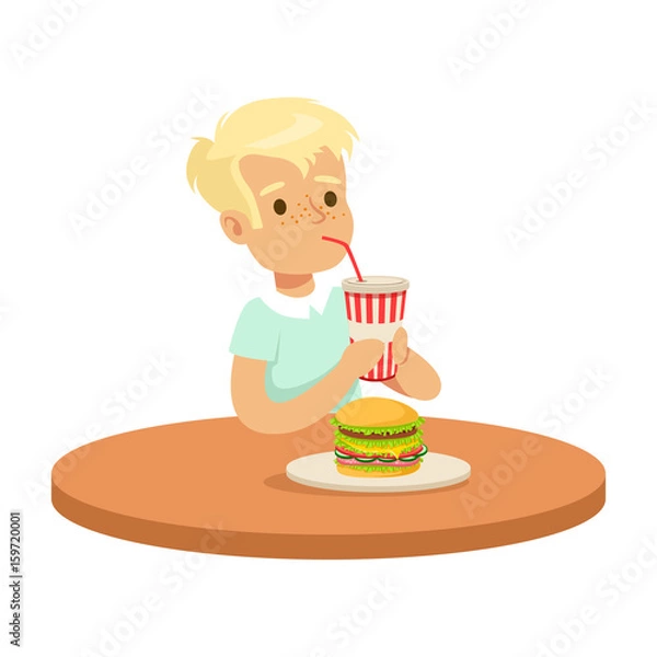 Fototapeta Cute boy drinking a soda through a straw and eating burger, colorful character vector Illustration