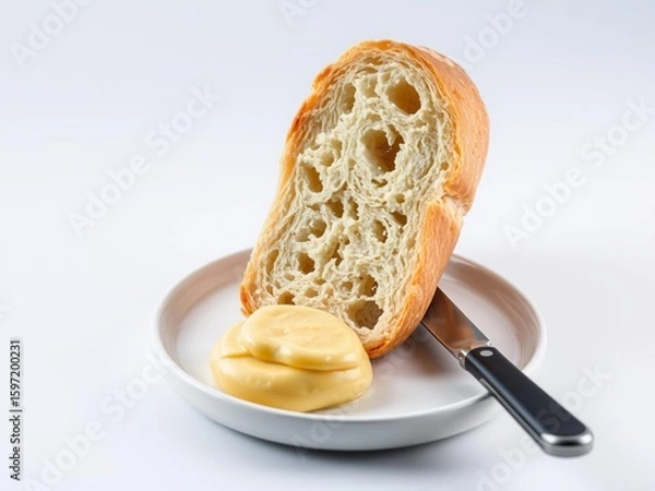 Fototapeta Artisan Bread with Butter on a White Plate