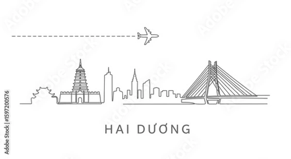Fototapeta Hai Duong with Vietnam Minimal skyline, and plane fly.